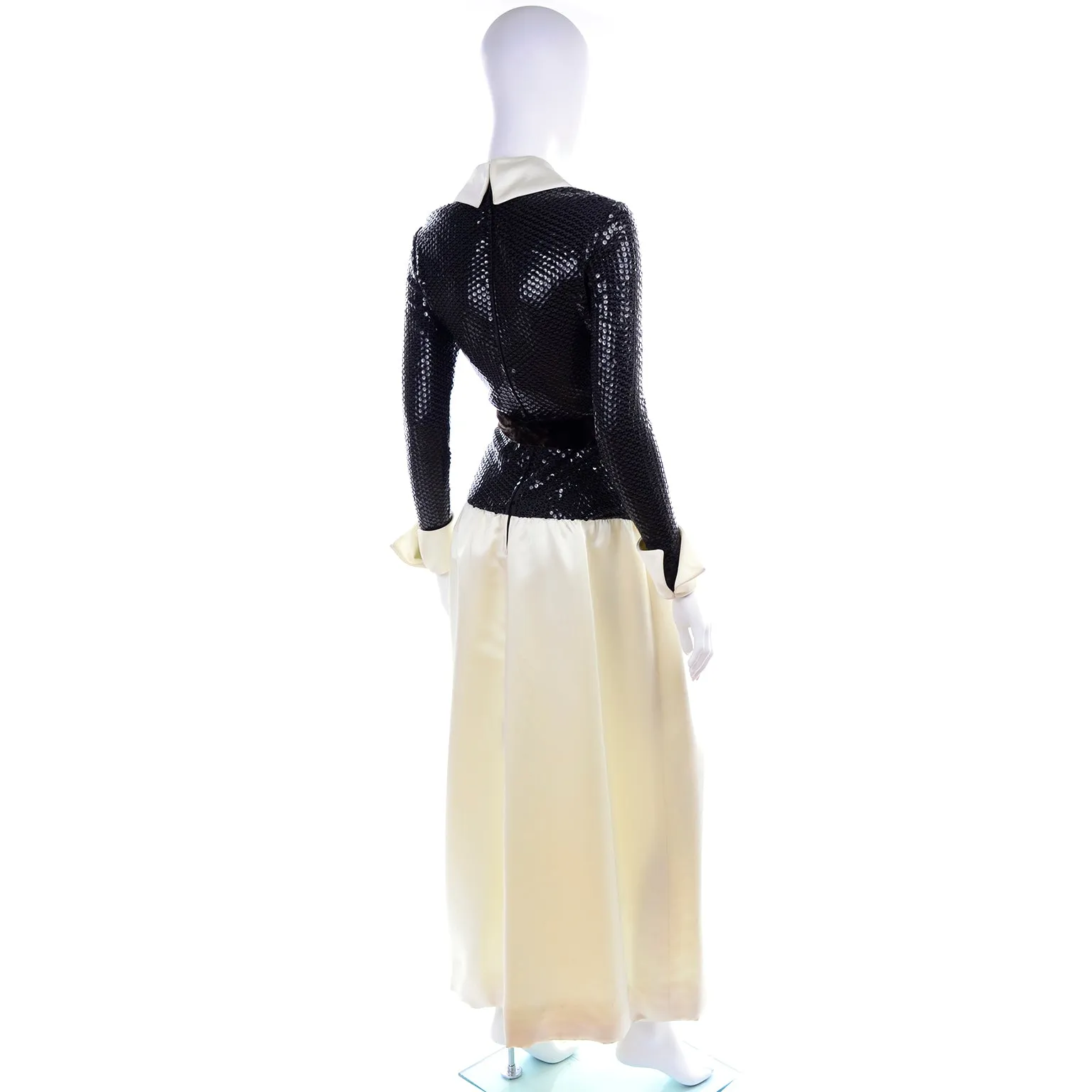 1970s Vintage Kiki Hart Ivory Satin Evening Gown w Brown Sequins