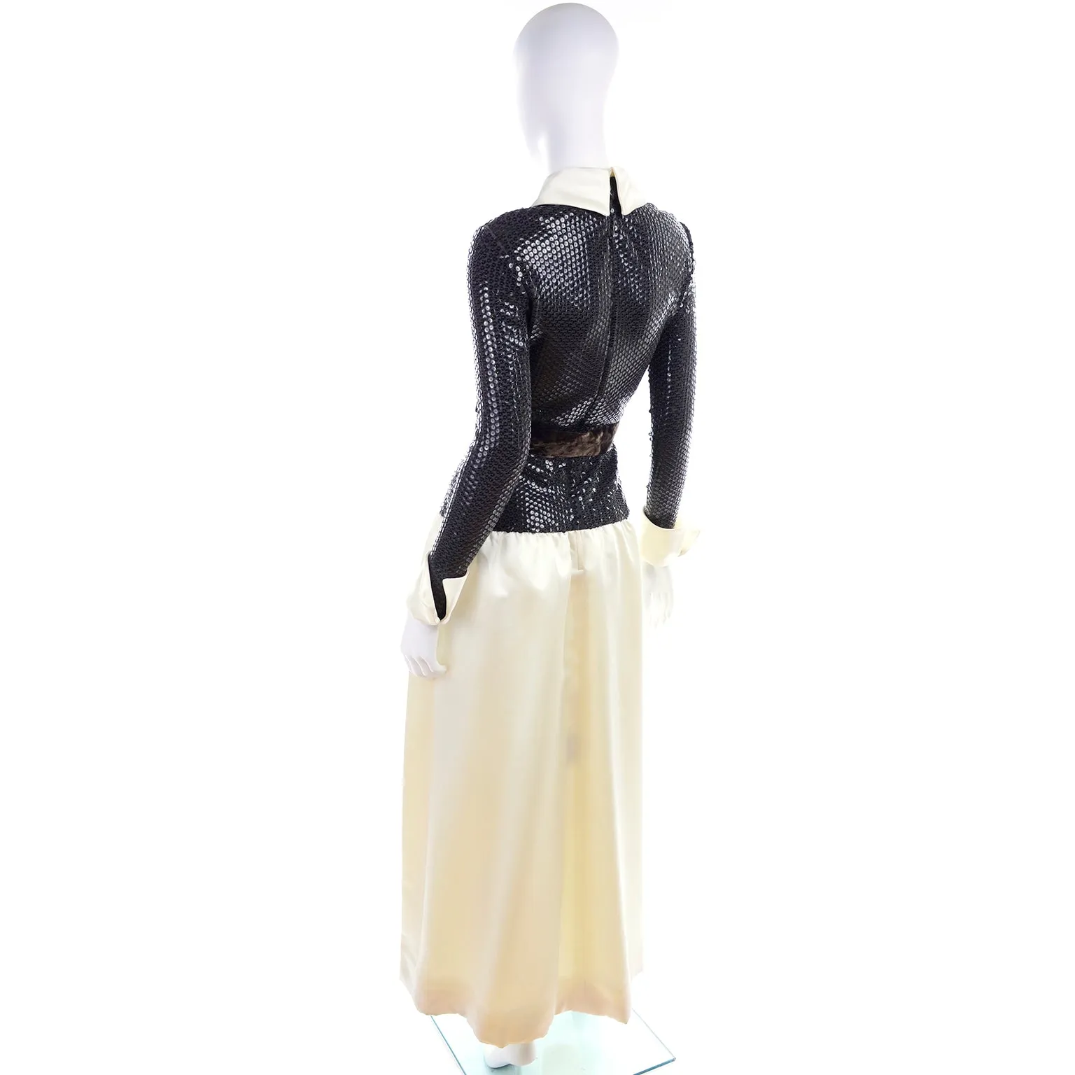 1970s Vintage Kiki Hart Ivory Satin Evening Gown w Brown Sequins