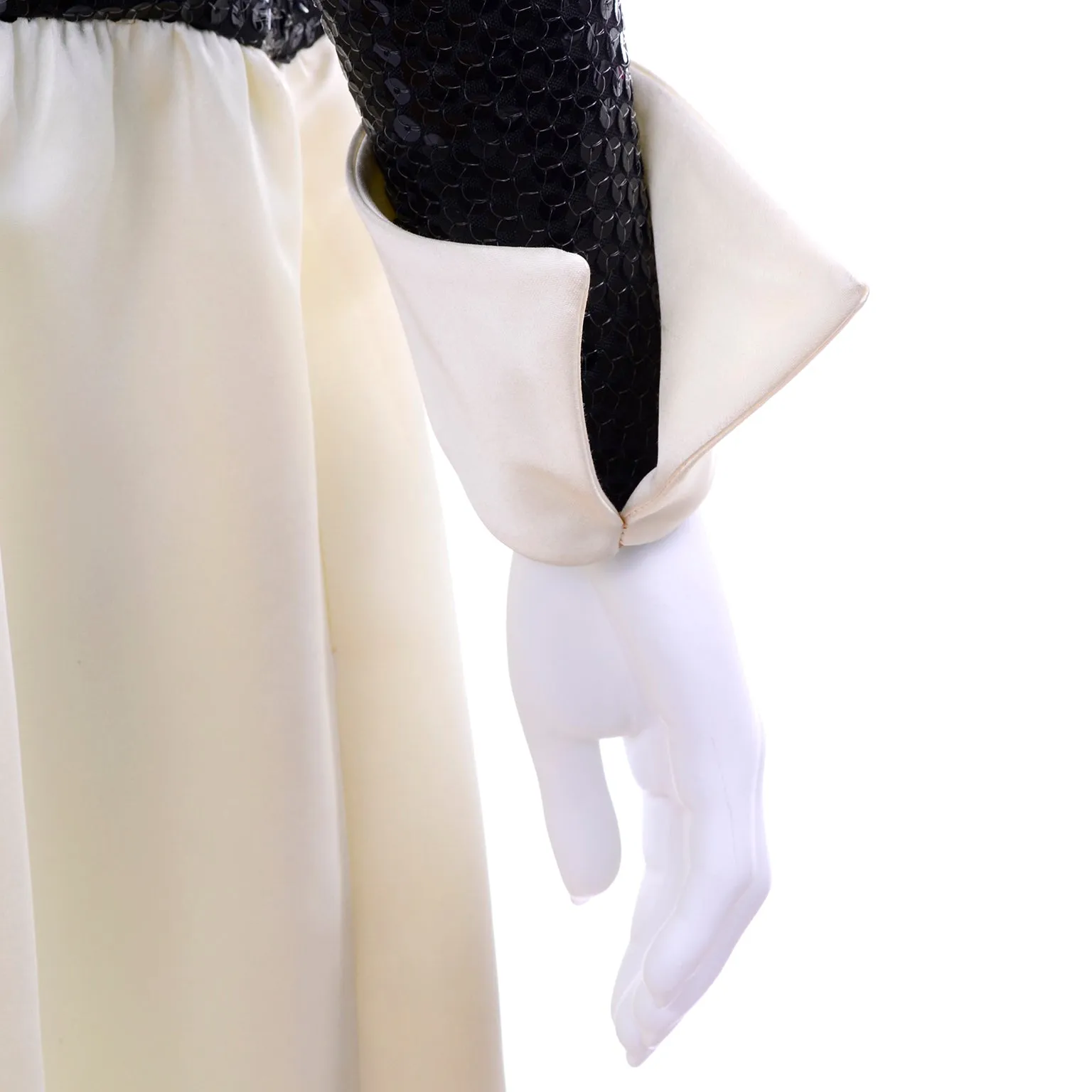 1970s Vintage Kiki Hart Ivory Satin Evening Gown w Brown Sequins
