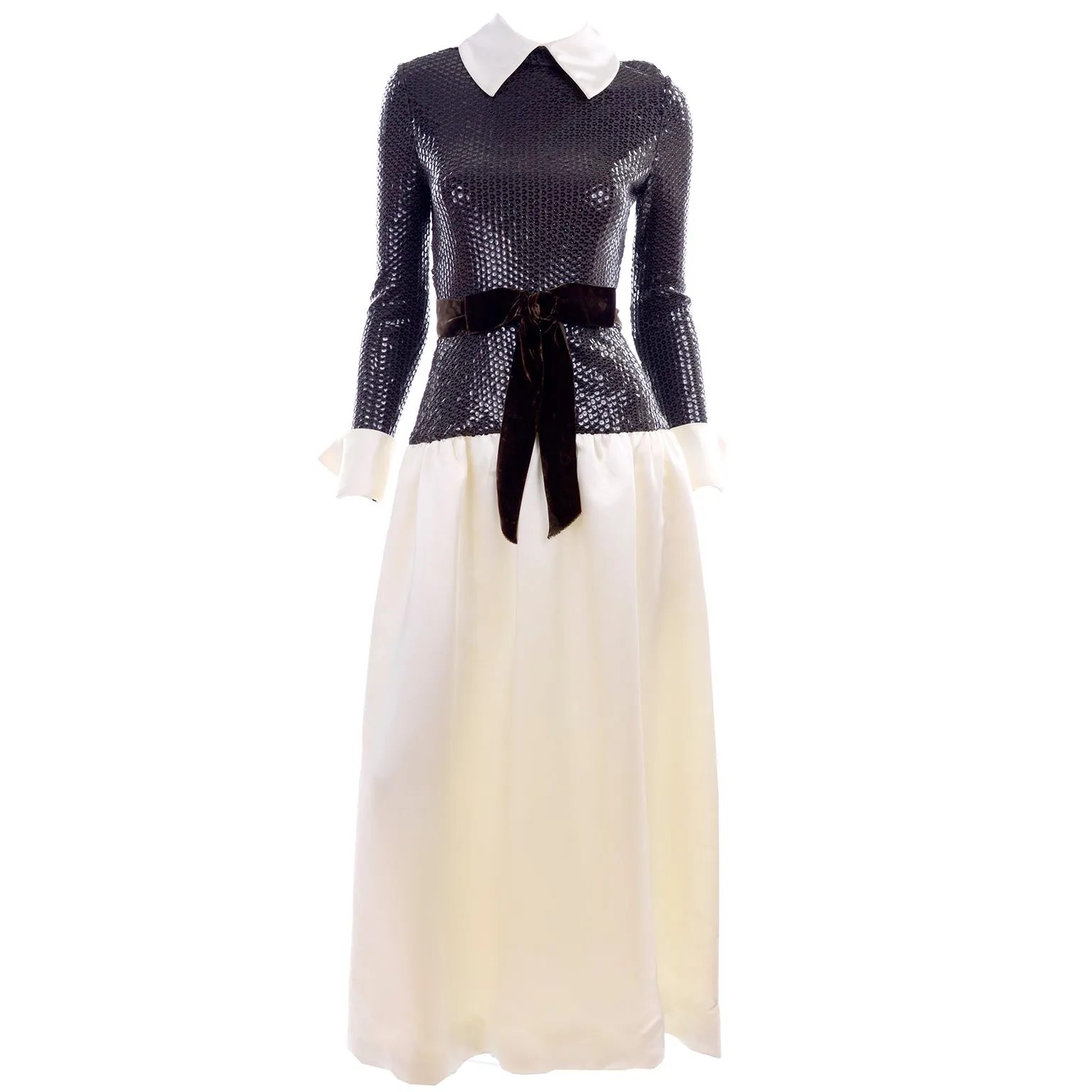 1970s Vintage Kiki Hart Ivory Satin Evening Gown w Brown Sequins