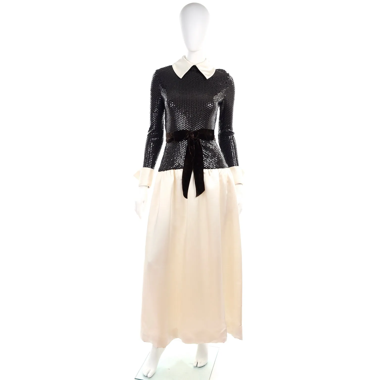 1970s Vintage Kiki Hart Ivory Satin Evening Gown w Brown Sequins