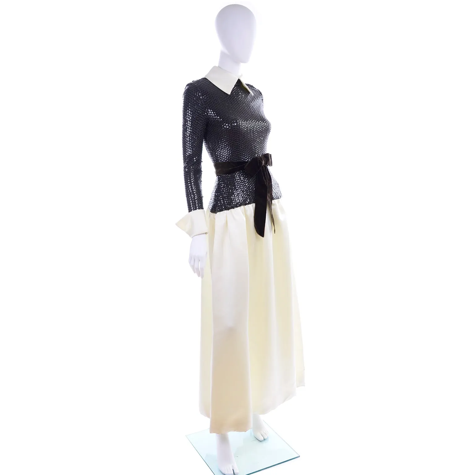 1970s Vintage Kiki Hart Ivory Satin Evening Gown w Brown Sequins