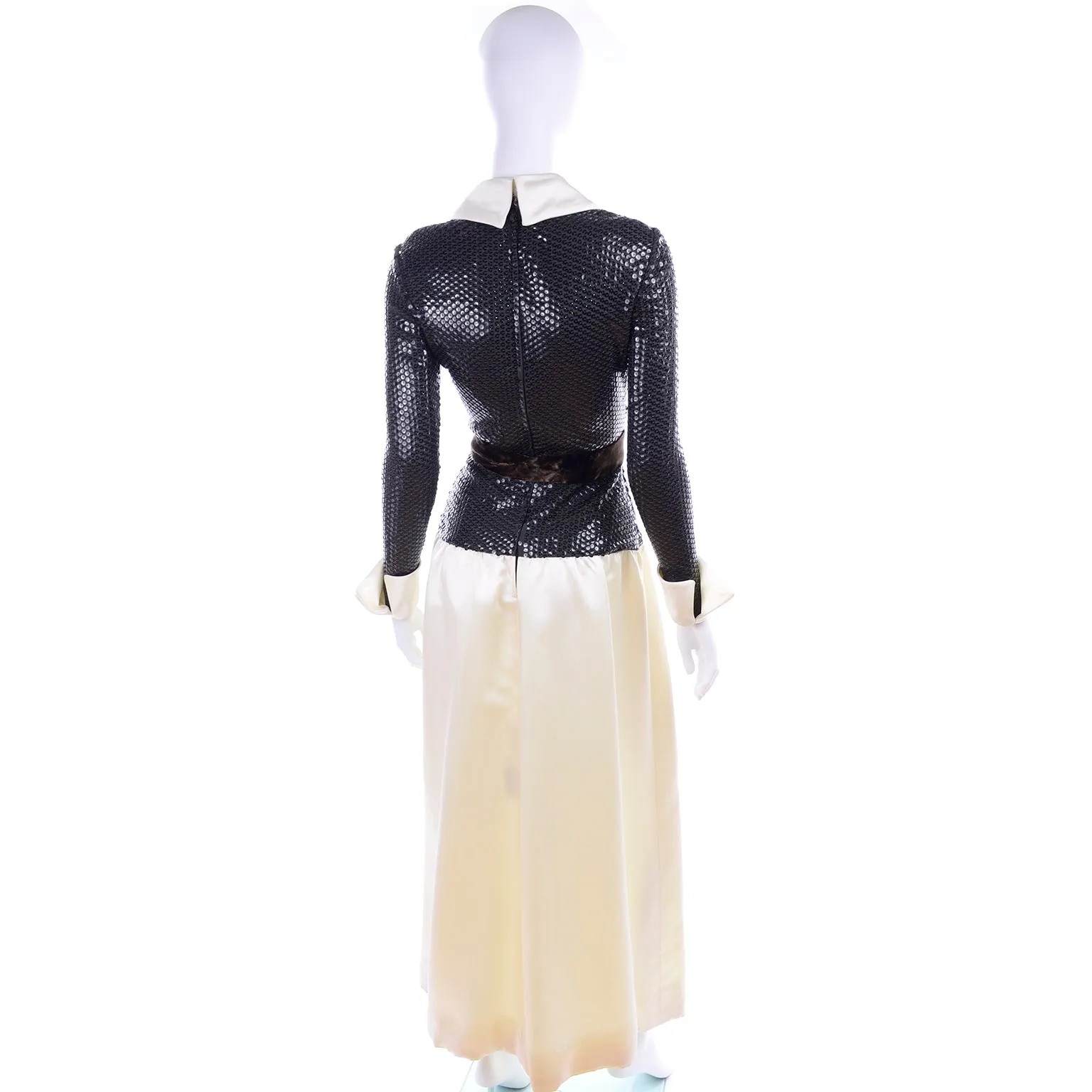 1970s Vintage Kiki Hart Ivory Satin Evening Gown w Brown Sequins