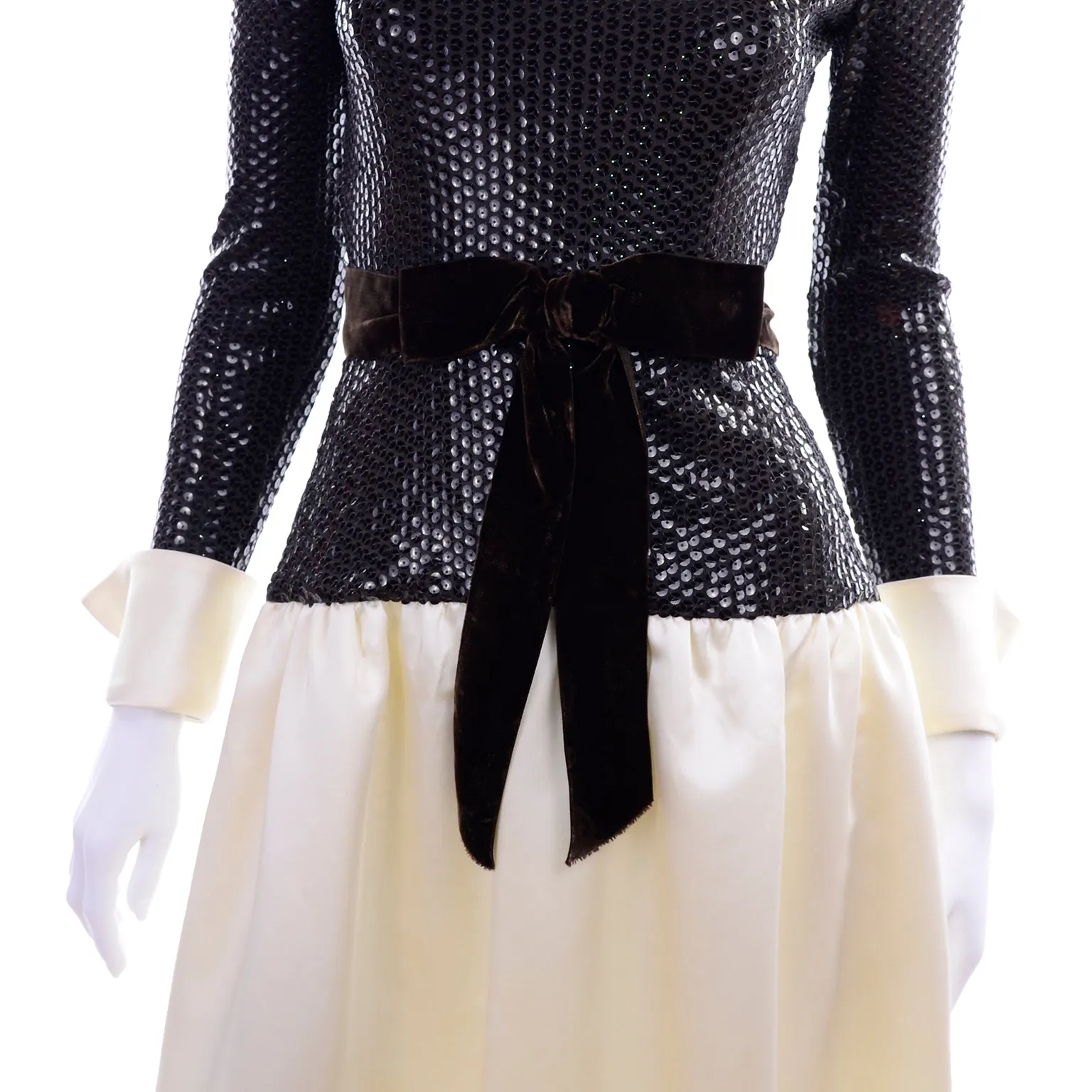 1970s Vintage Kiki Hart Ivory Satin Evening Gown w Brown Sequins