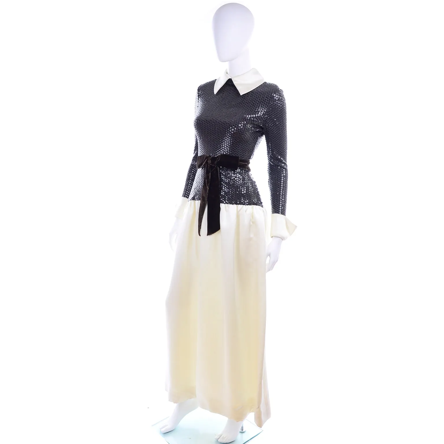 1970s Vintage Kiki Hart Ivory Satin Evening Gown w Brown Sequins