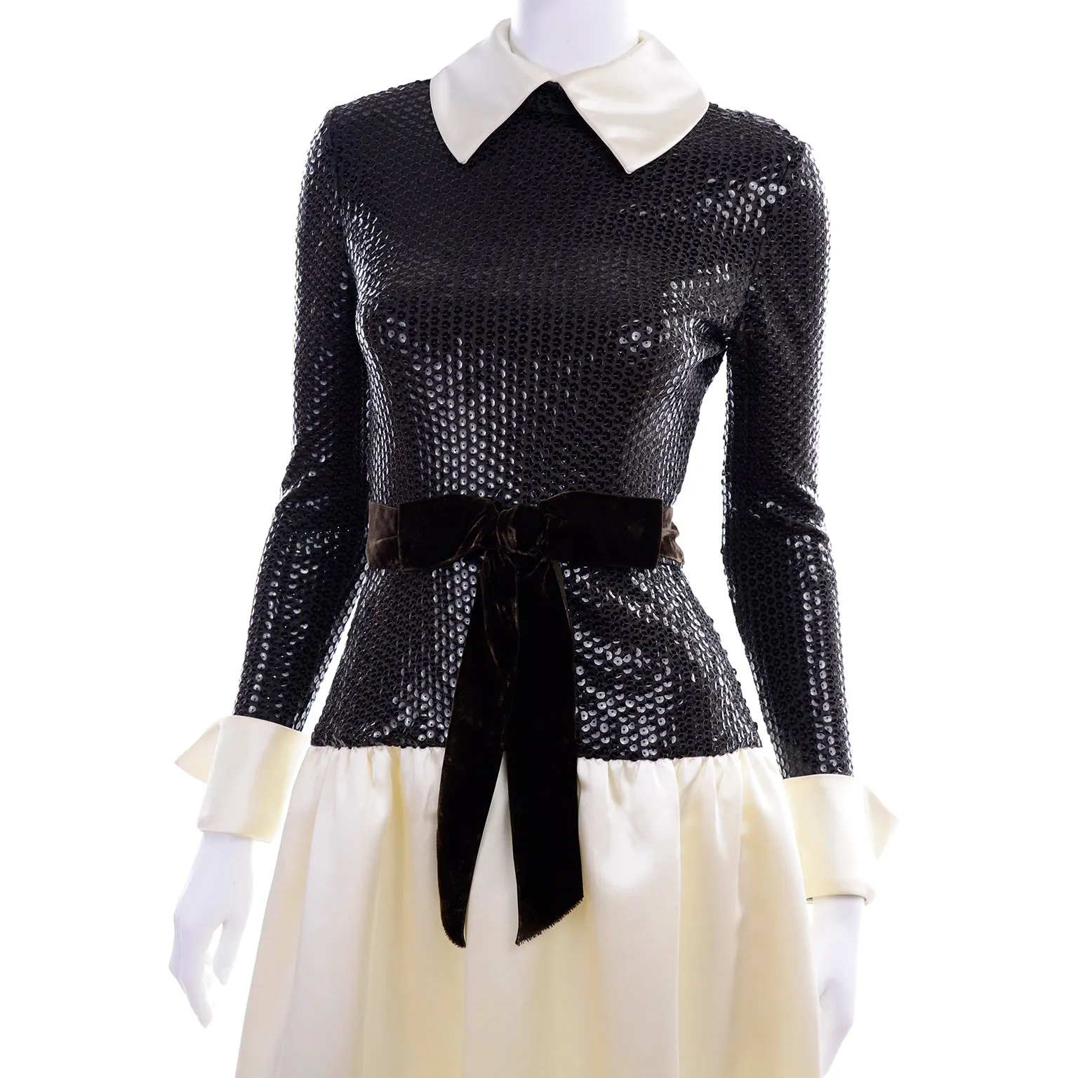 1970s Vintage Kiki Hart Ivory Satin Evening Gown w Brown Sequins