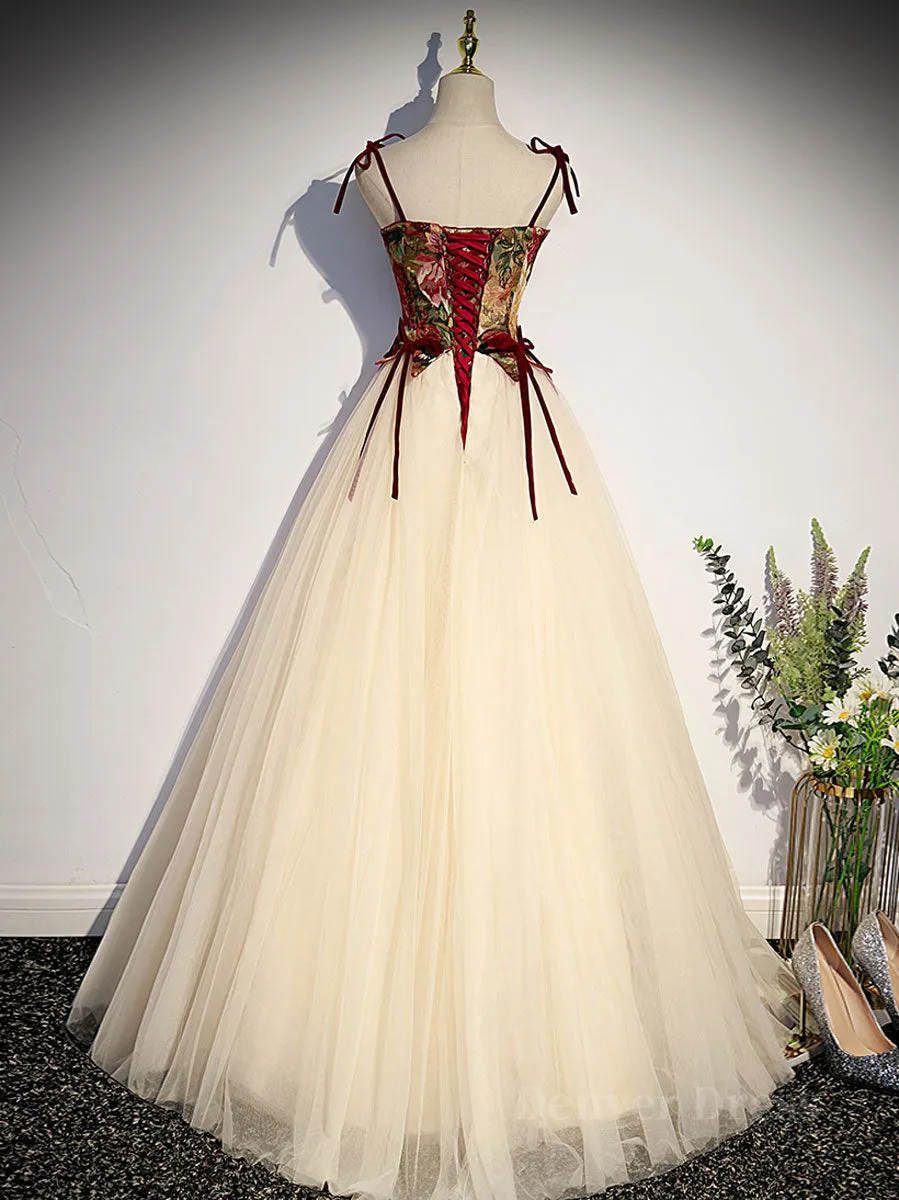 A line champagne long prom dress champagne tulle formal evening dress