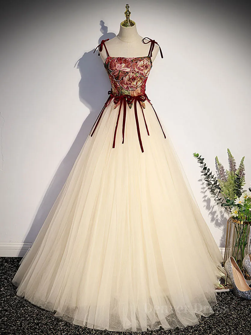 A line champagne long prom dress champagne tulle formal evening dress