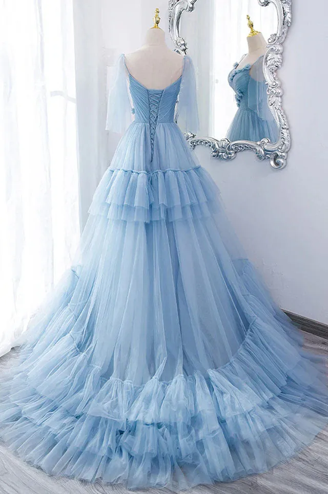A Line V Neck Tiered Long Tulle Prom Dress Evening Gown with Flower