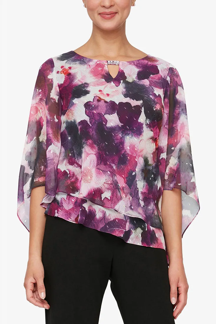 Alex Evenings Boat Neck 3/4 Sleeves Printed Asymmetric Double Tier Hem Blouse