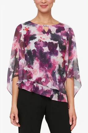 Alex Evenings Boat Neck 3/4 Sleeves Printed Asymmetric Double Tier Hem Blouse