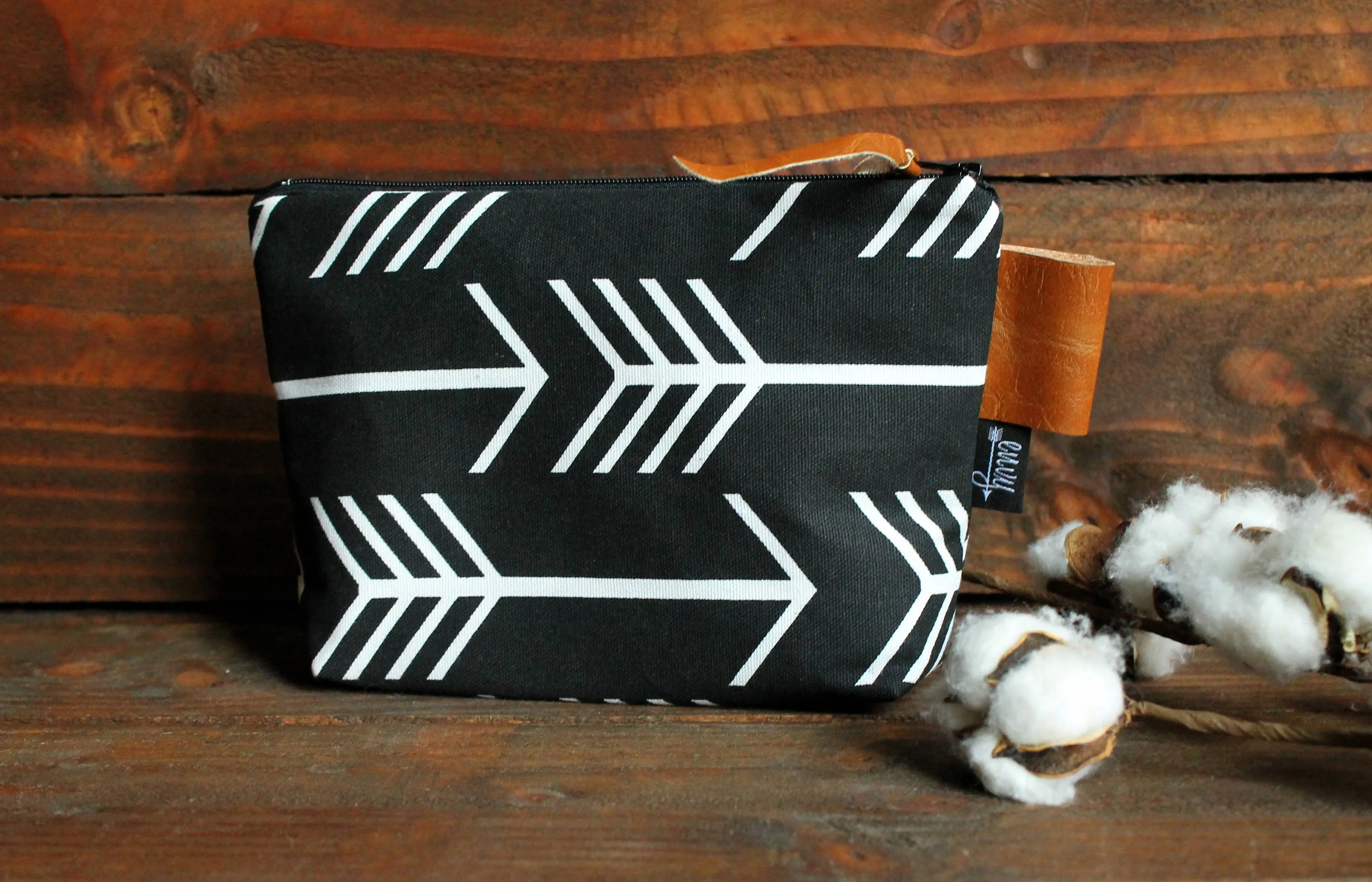 Black Arrows with Vegan Leather - Cosmetic Bag - Make Up Bag - Bridesmaid Gift