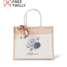 Blue Rose With Jute Bag with Front Pocket