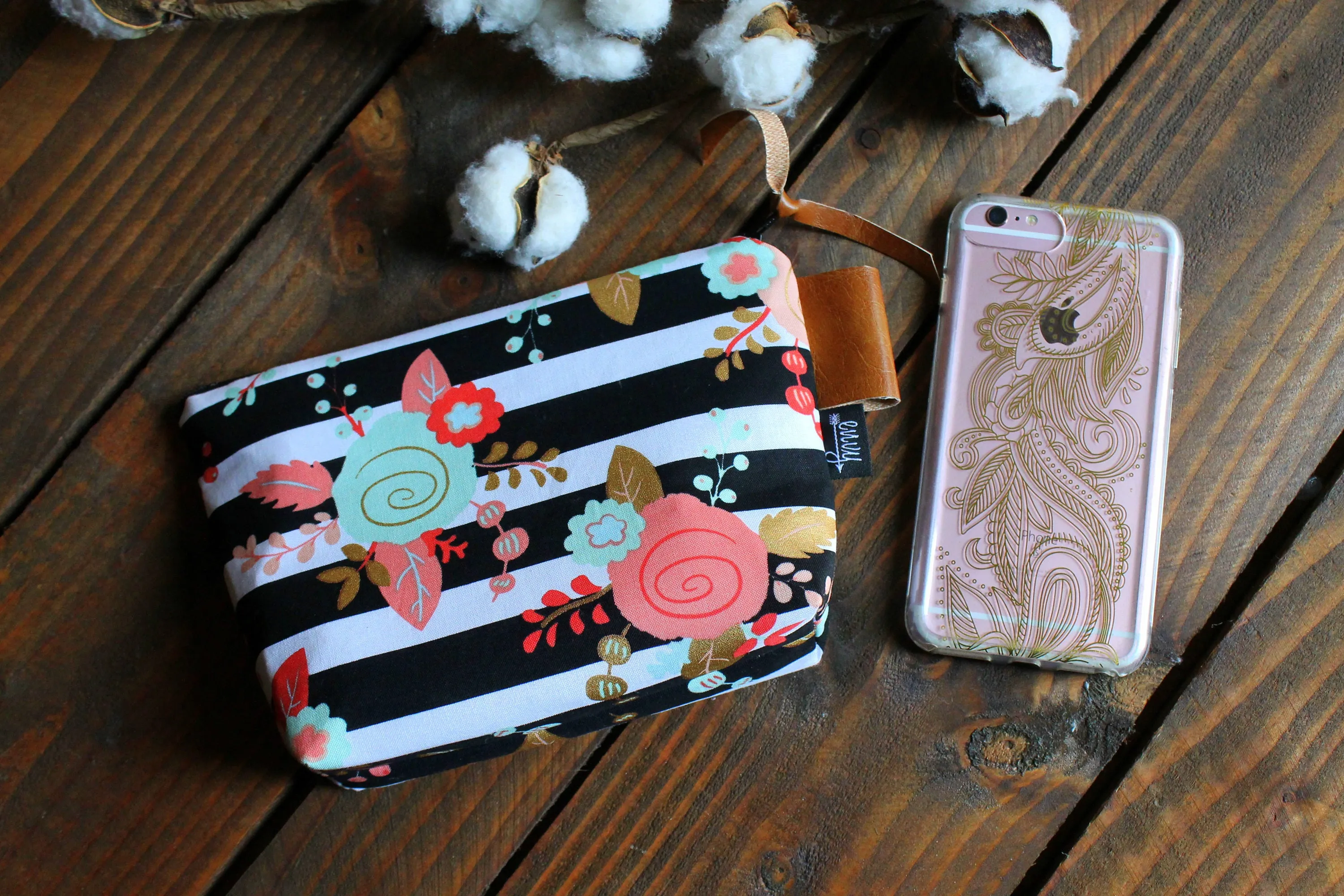 Coral Blossoms with Vegan Leather - Cosmetic Bag - Make Up Bag - Bridesmaid Gift
