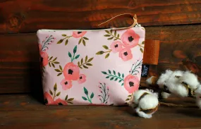 Coral Blossoms with Vegan Leather - Cosmetic Bag - Make Up Bag - Bridesmaid Gift