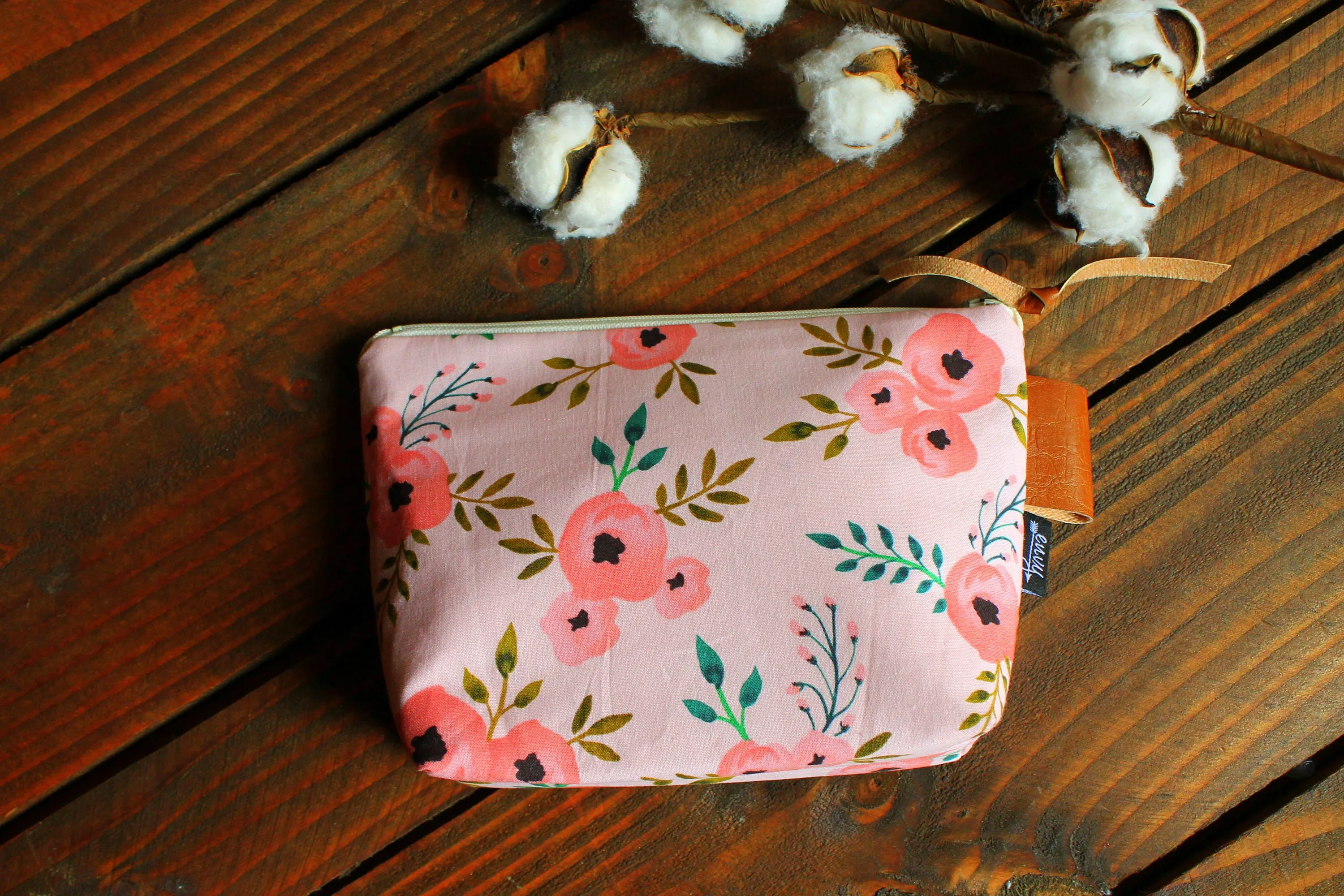 Coral Blossoms with Vegan Leather - Cosmetic Bag - Make Up Bag - Bridesmaid Gift