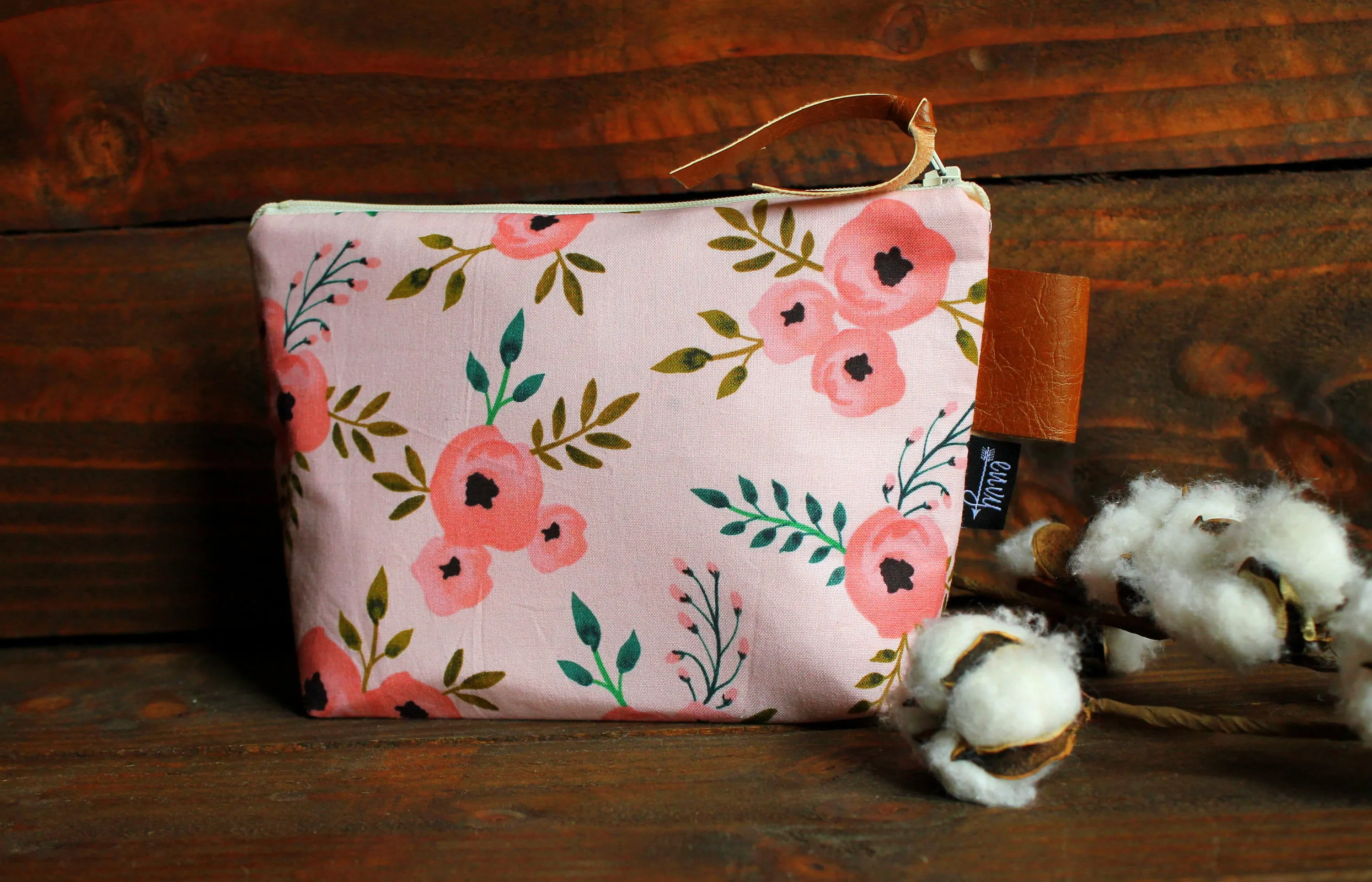 Coral Blossoms with Vegan Leather - Cosmetic Bag - Make Up Bag - Bridesmaid Gift