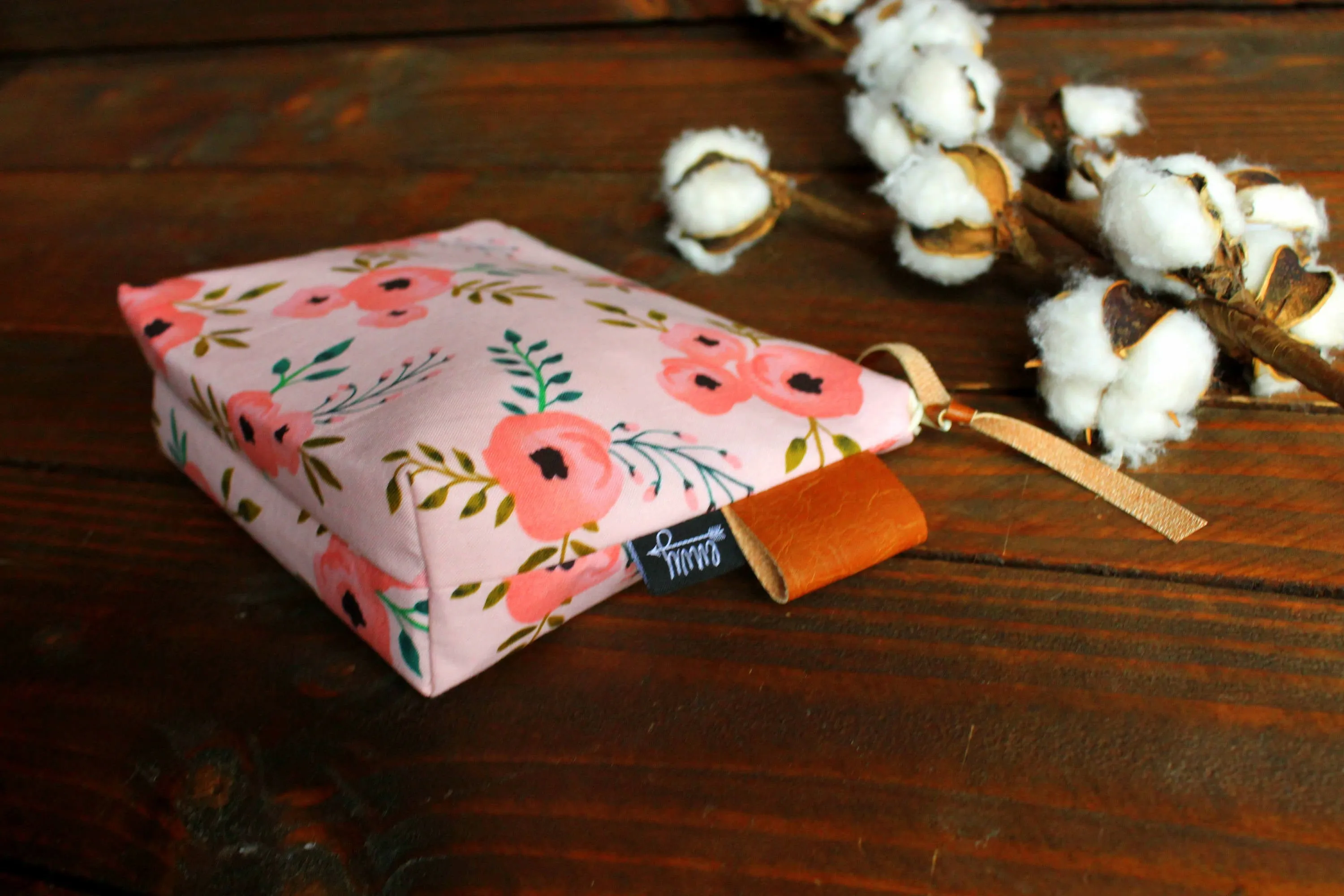 Coral Blossoms with Vegan Leather - Cosmetic Bag - Make Up Bag - Bridesmaid Gift