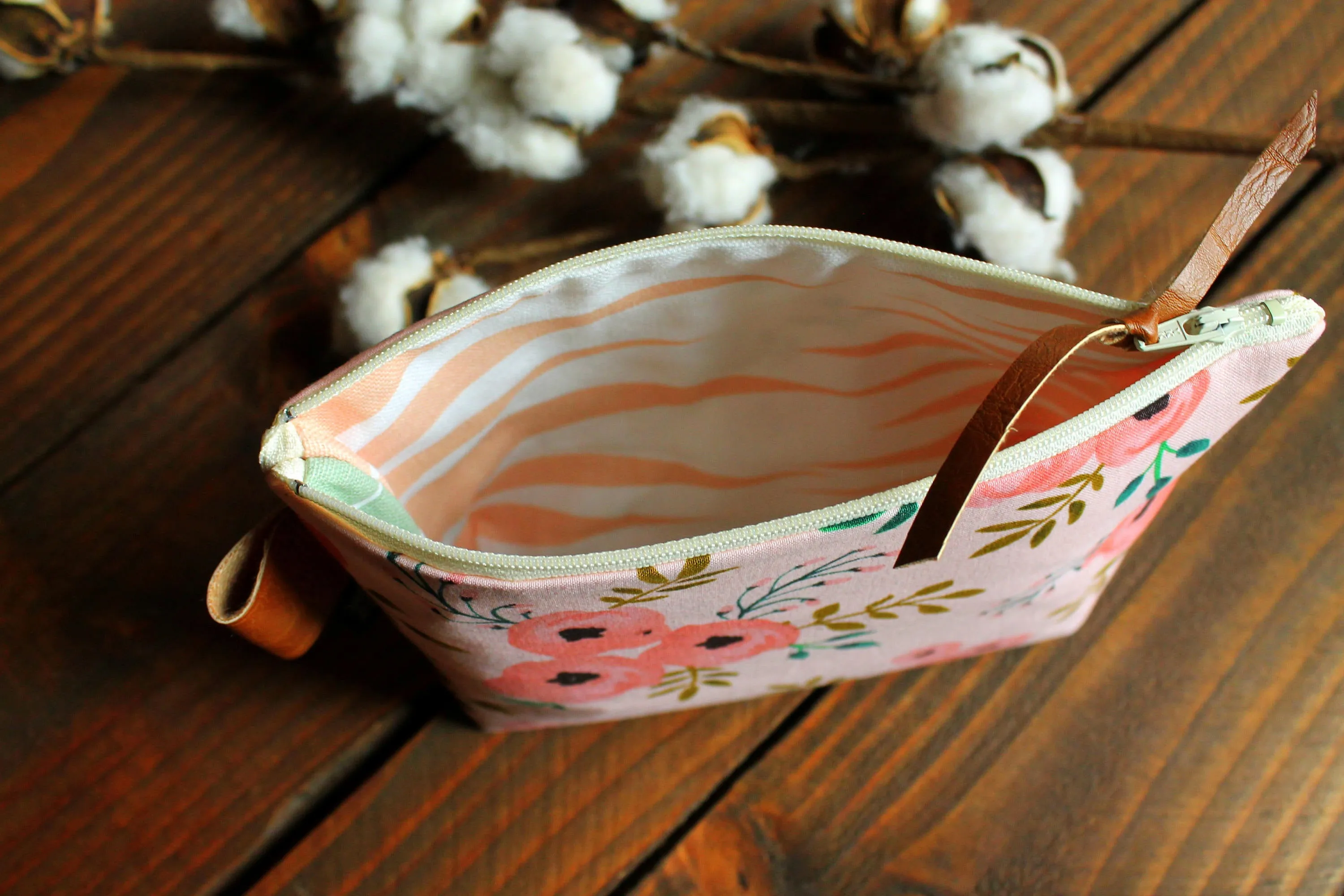 Coral Blossoms with Vegan Leather - Cosmetic Bag - Make Up Bag - Bridesmaid Gift