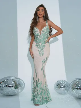 Deep V-Neck Spaghetti strap Sequin Floral Maxi Dress