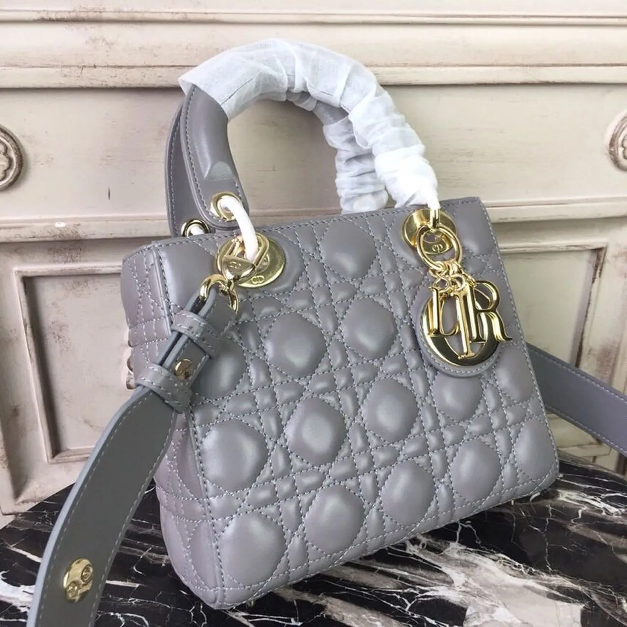DI Small Lady Bag Gold Toned Hardware Grey For Women 20cm/8in CD