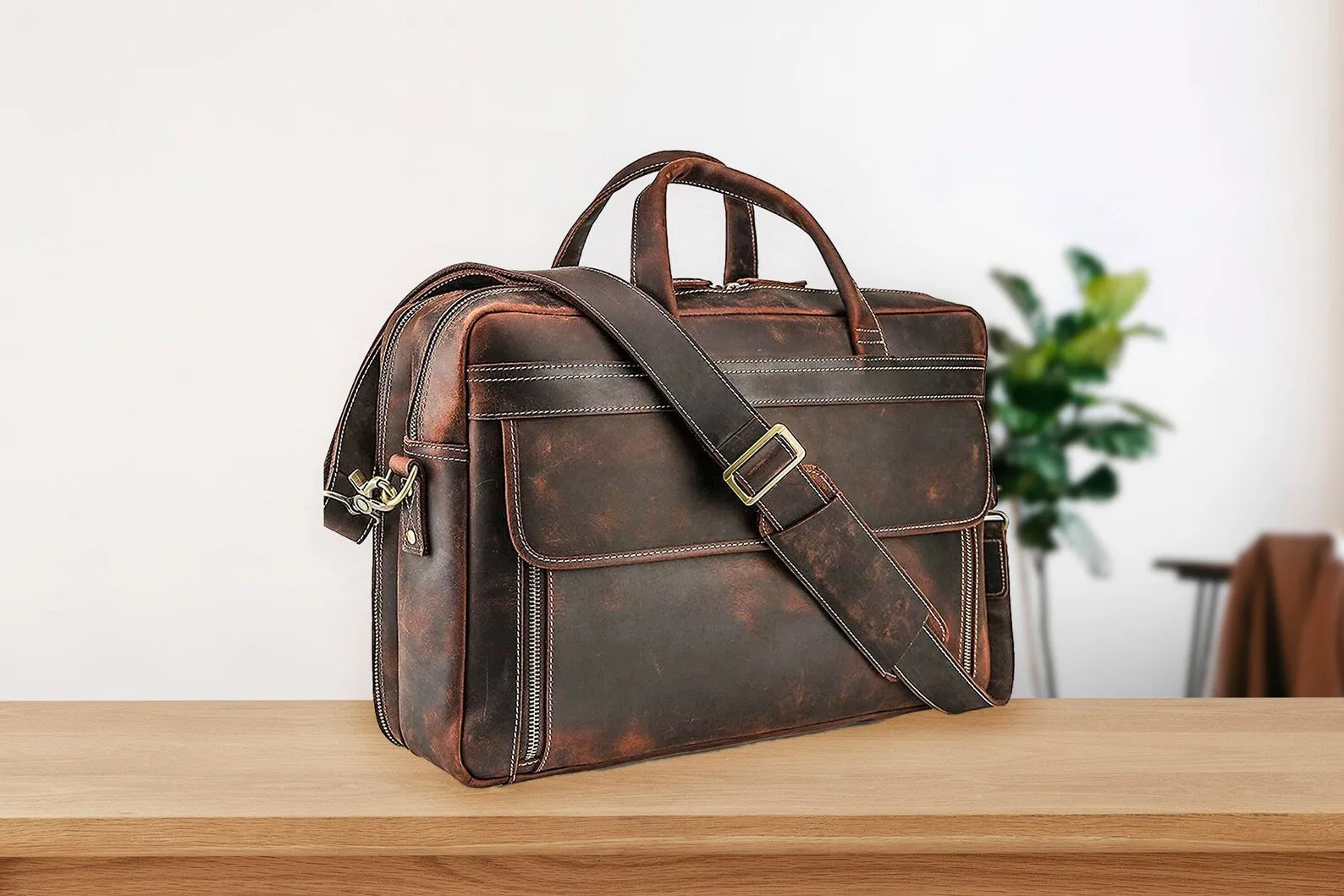 Distressed Cowhide Leather Briefcase Office Bag