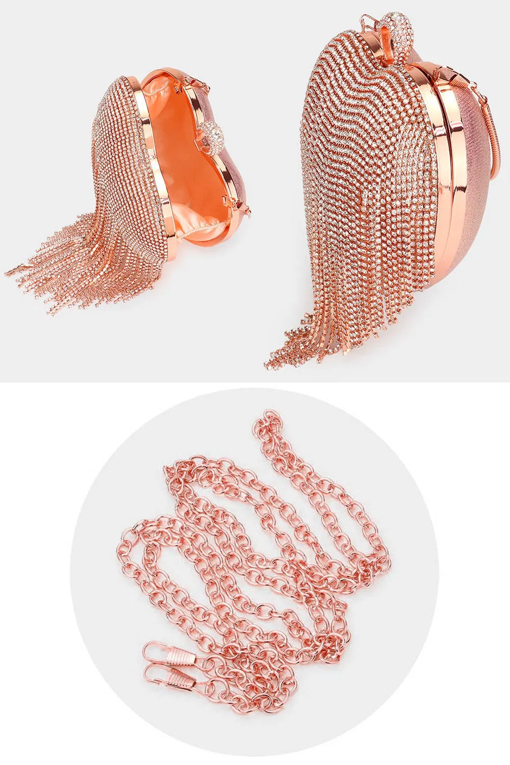 Elegant Rhinestone Fringe Heart Clutch