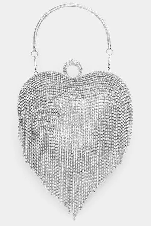 Elegant Rhinestone Fringe Heart Clutch