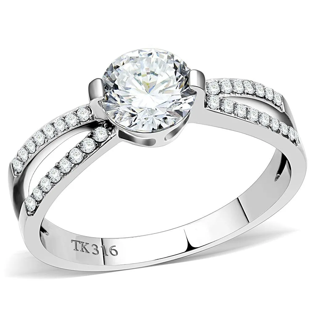 High polished (no plating) Stainless Steel Ring with AAA Grade CZ in Clear for Women Style DA002