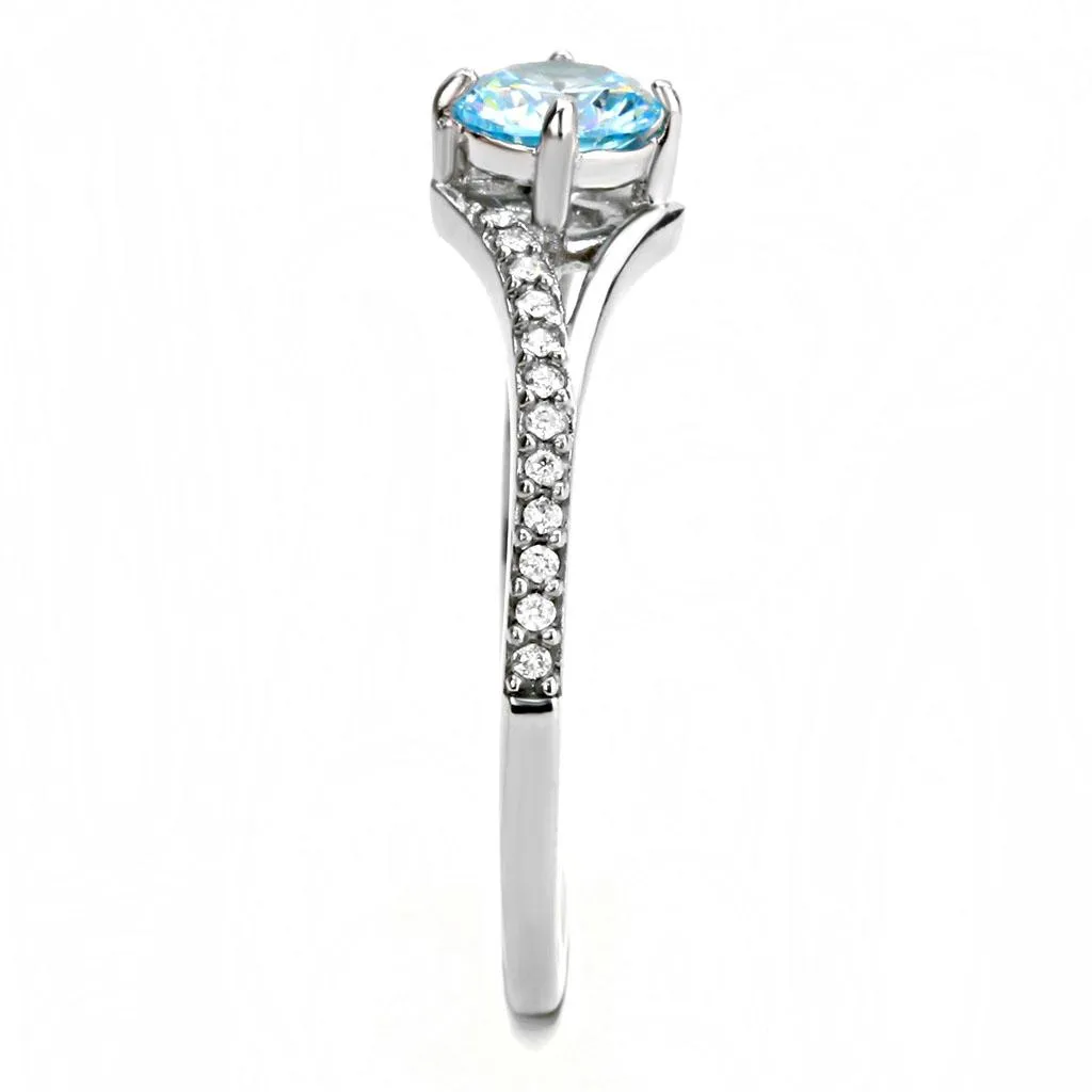 High polished (no plating) Stainless Steel Ring with AAA Grade CZ in Sea Blue for Women Style DA167