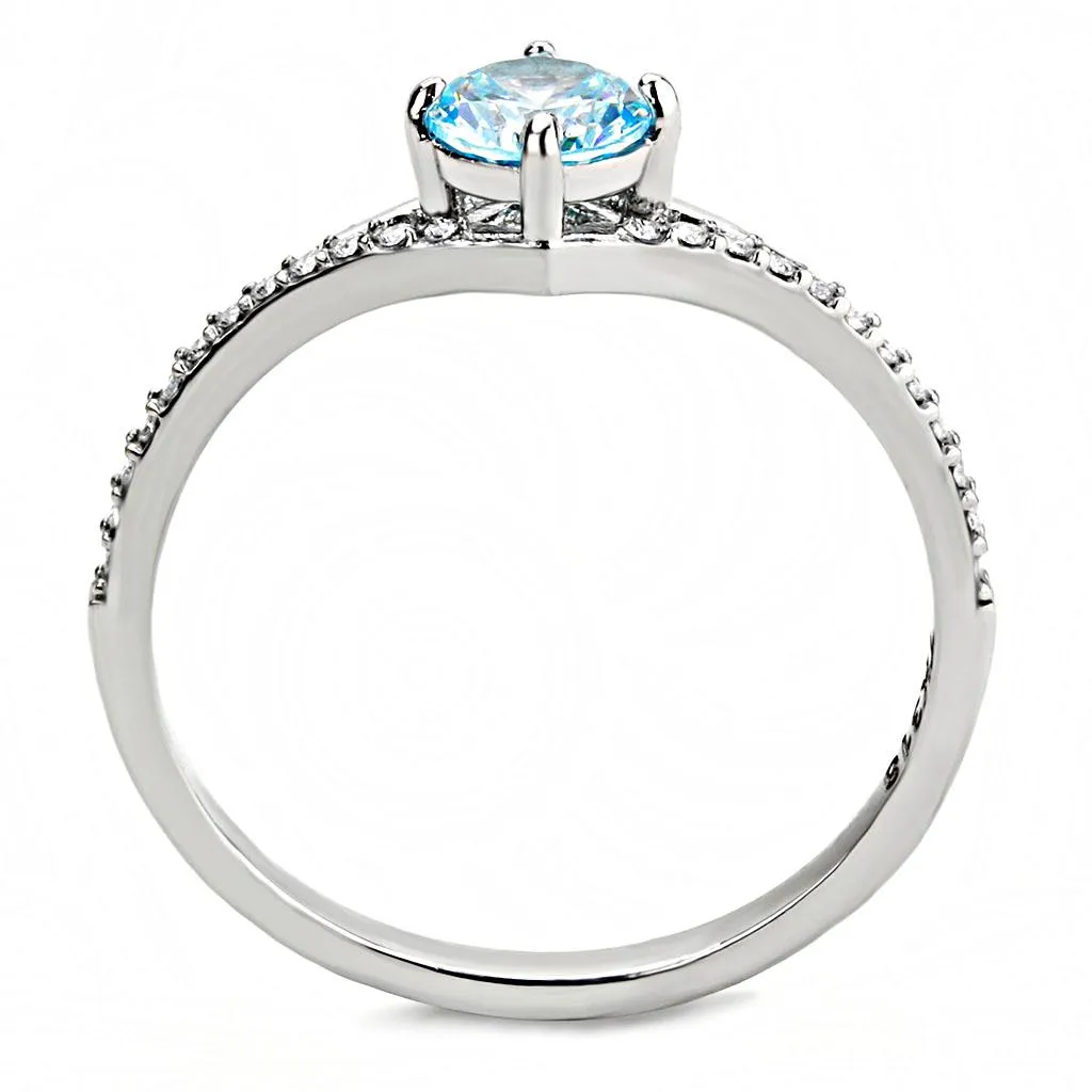 High polished (no plating) Stainless Steel Ring with AAA Grade CZ in Sea Blue for Women Style DA167