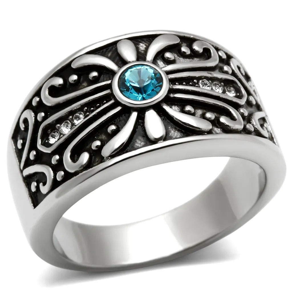 High polished (no plating) Stainless Steel Ring with Top Grade Crystal in Capri Blue for Women Style TK377