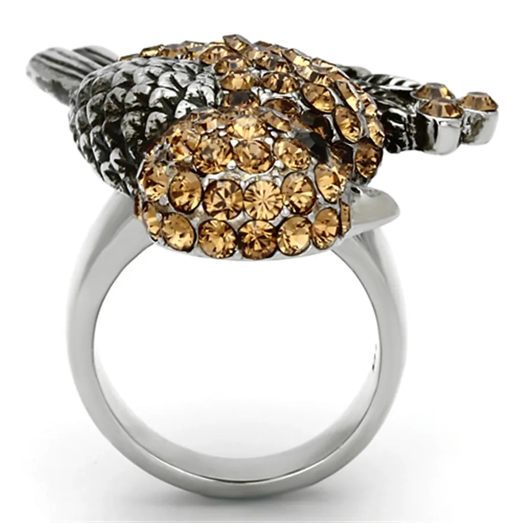 High polished (no plating) Stainless Steel Ring with Top Grade Crystal in Smoked Quartz for Women Style TK932