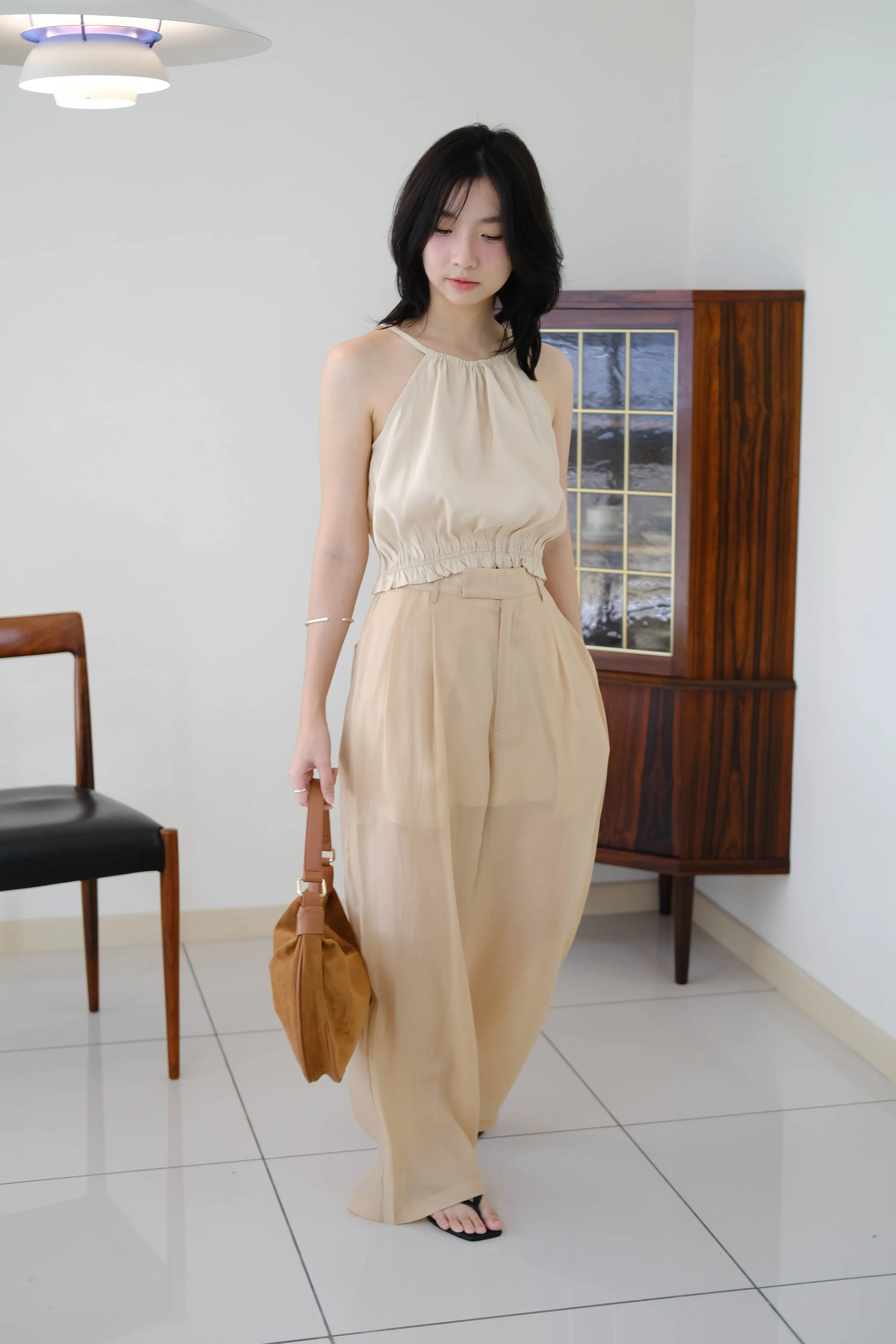 High-waisted Wide-leg Sunscreen Trousers in Almond