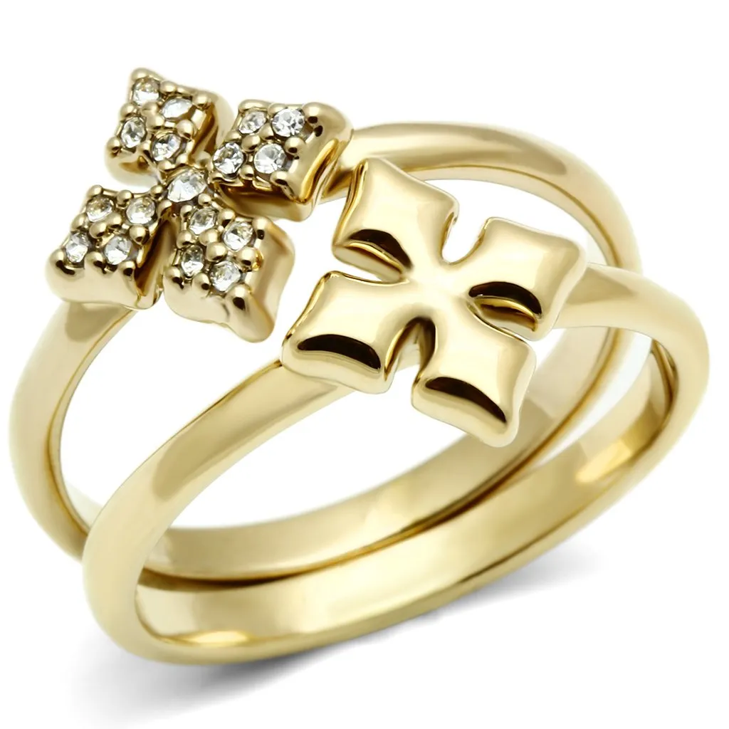 IP Gold(Ion Plating) Brass Ring with Top Grade Crystal in Clear for Women Style GL319