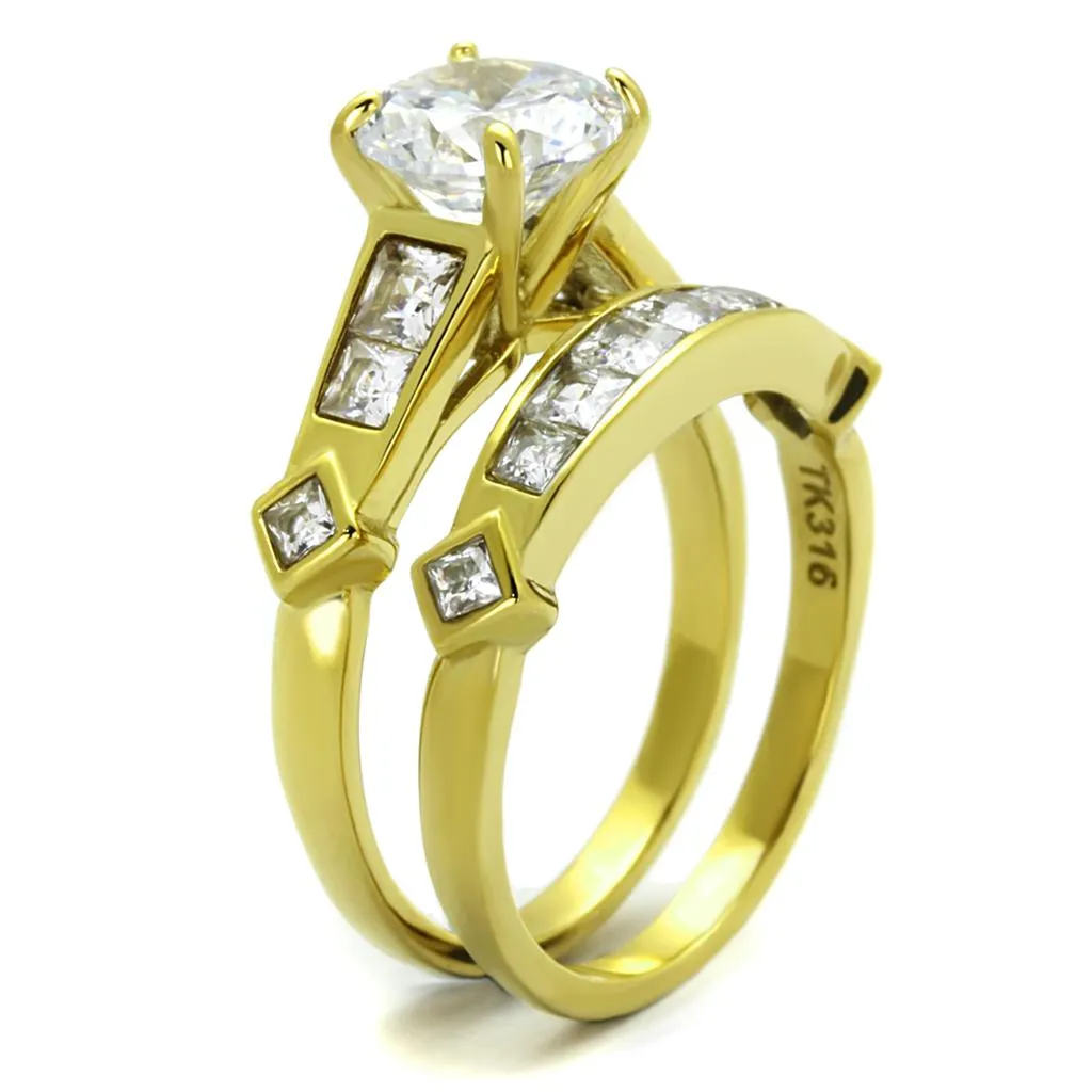 IP Gold(Ion Plating) Stainless Steel Ring with AAA Grade CZ in Clear for Women Style TK8X040