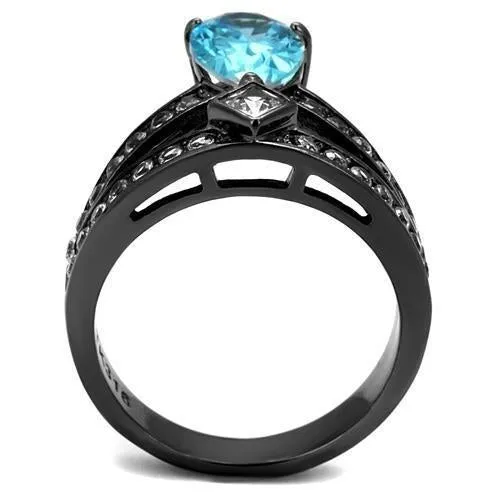 IP Light Black (IP Gun) Stainless Steel Ring with AAA Grade CZ in Sea Blue for Women Style TK2775
