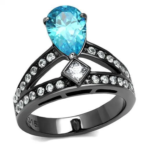 IP Light Black (IP Gun) Stainless Steel Ring with AAA Grade CZ in Sea Blue for Women Style TK2775