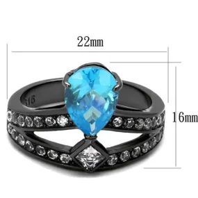 IP Light Black (IP Gun) Stainless Steel Ring with AAA Grade CZ in Sea Blue for Women Style TK2775