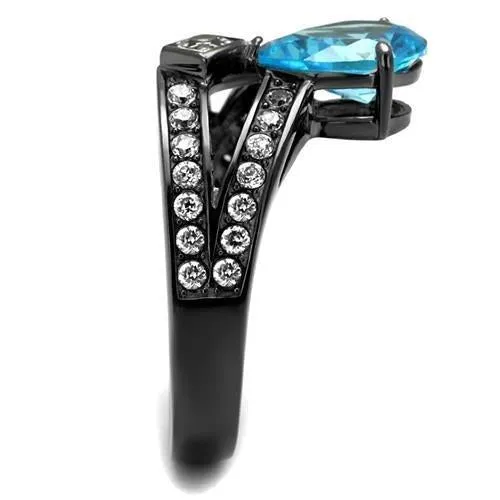 IP Light Black (IP Gun) Stainless Steel Ring with AAA Grade CZ in Sea Blue for Women Style TK2775