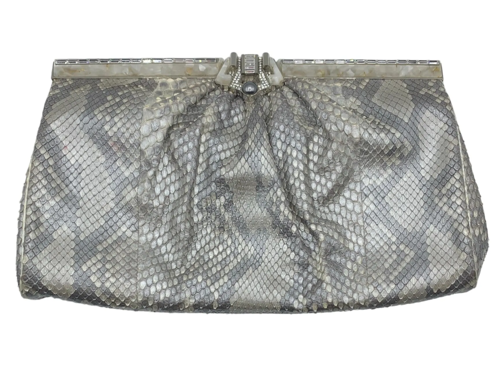 Judith Leiber 2000s Silver Snakeskin Deco Motif Evening Clutch Bag