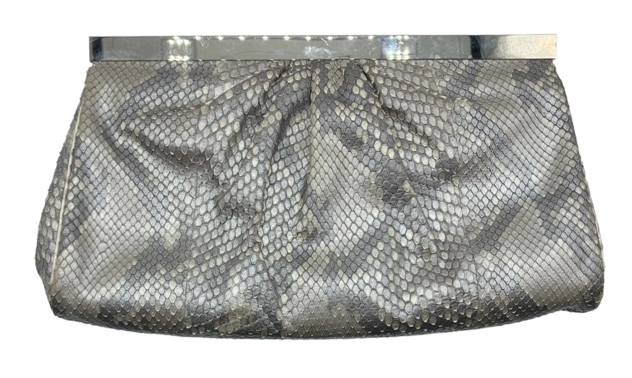 Judith Leiber 2000s Silver Snakeskin Deco Motif Evening Clutch Bag