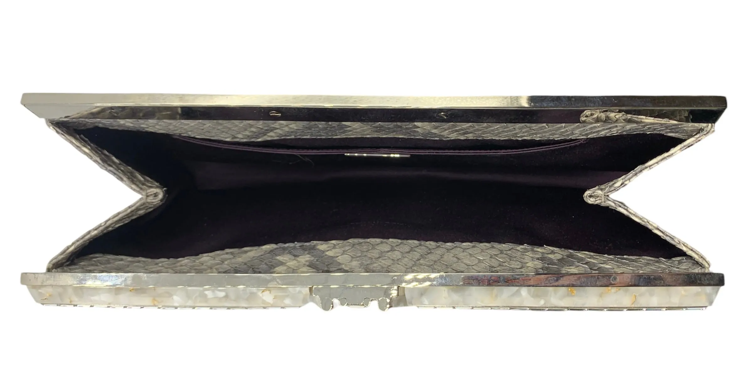 Judith Leiber 2000s Silver Snakeskin Deco Motif Evening Clutch Bag