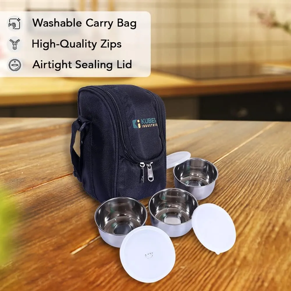 Kuber Industries Lunch Box|Canvas Leak Proof 3 Stainless Steel Insulated Containers Lunch Bag|Adjustable Straps Tiffin Box with Zipper Closure (Black) (Pack of 4)
