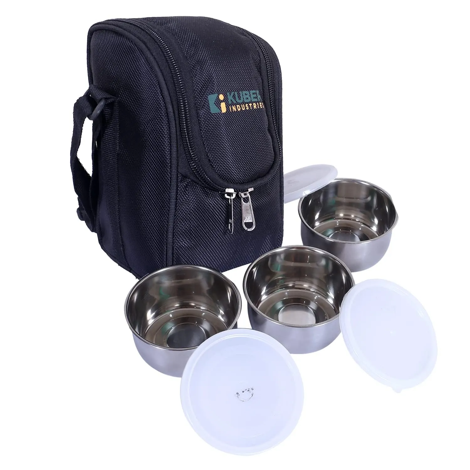 Kuber Industries Lunch Box|Canvas Leak Proof 3 Stainless Steel Insulated Containers Lunch Bag|Adjustable Straps Tiffin Box with Zipper Closure (Black) (Pack of 4)