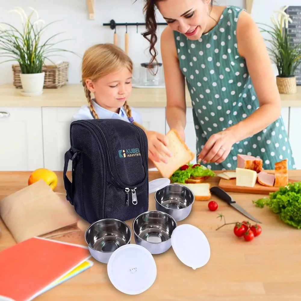 Kuber Industries Lunch Box|Canvas Leak Proof 3 Stainless Steel Insulated Containers Lunch Bag|Adjustable Straps Tiffin Box with Zipper Closure (Black) (Pack of 4)