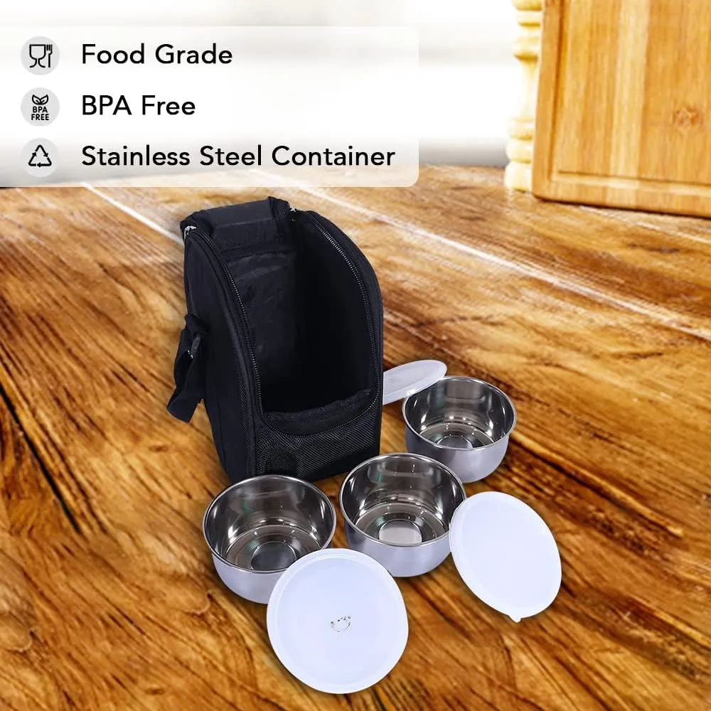 Kuber Industries Lunch Box|Canvas Leak Proof 3 Stainless Steel Insulated Containers Lunch Bag|Adjustable Straps Tiffin Box with Zipper Closure (Black) (Pack of 4)