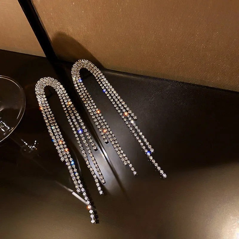 Long Tassel Crystal Full Rhinestone Earrings