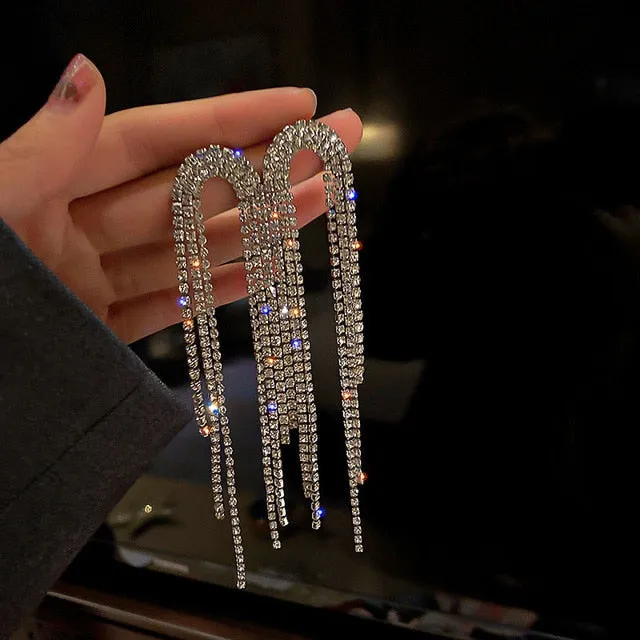 Long Tassel Crystal Full Rhinestone Earrings