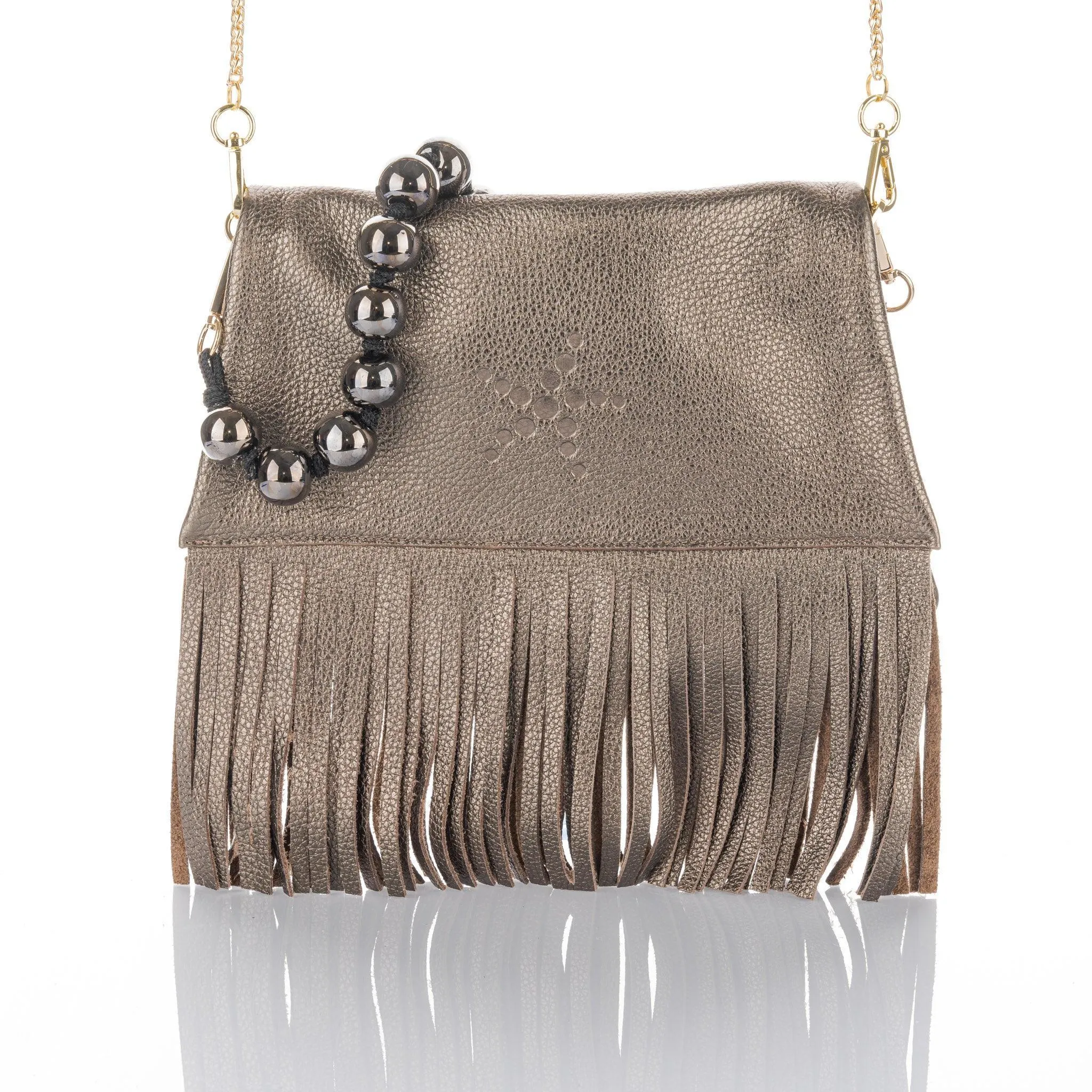 Nicole - Fringe Grain Leather Clutch Bag - Bronze